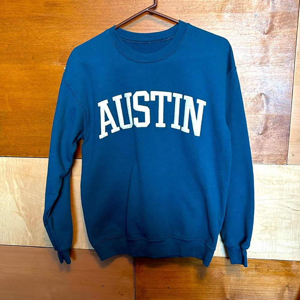Size small/medium teal “AUSTIN” crew neck sweater sweatshirt no tags